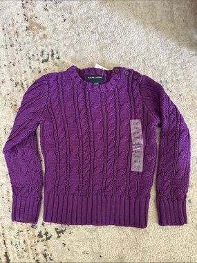 Vintage Ralph Lauren Kids Toddler Cable Knit Crewneck Sweater Top in Deep Purple
